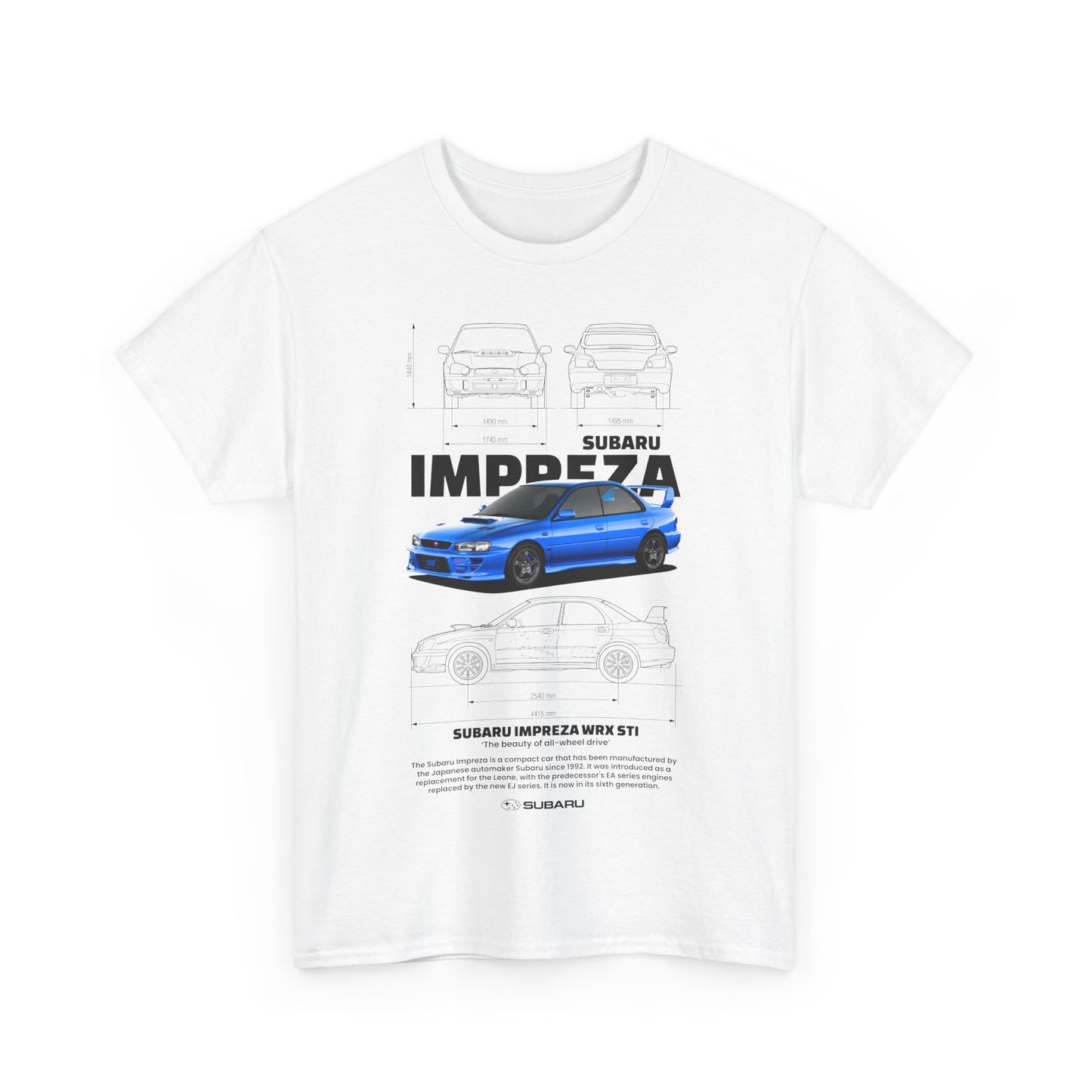 Trendy white t-shirt featuring a striking graphic design of the Subaru Impreza WRX STI, combining automotive passion with contemporary fashion.