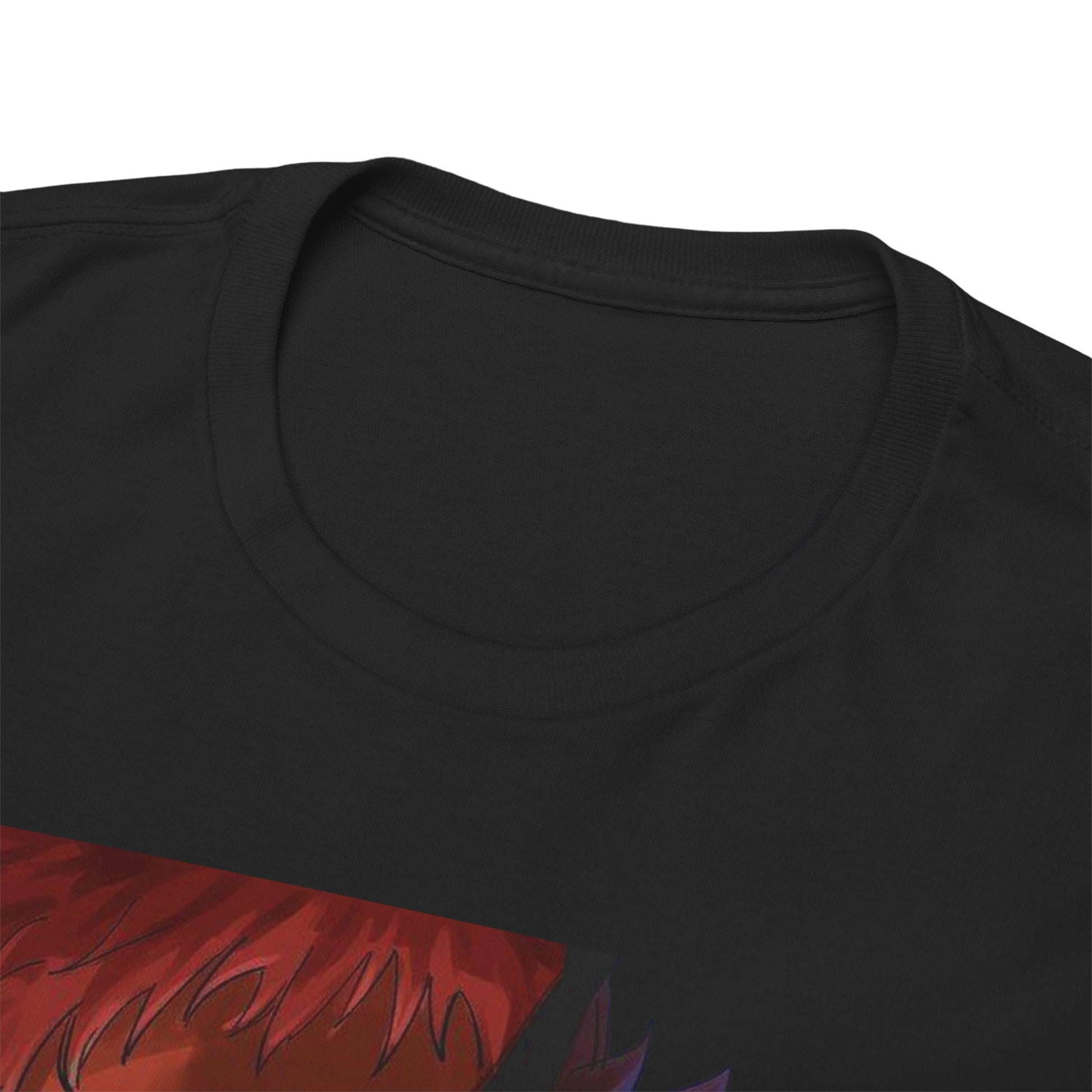 Detail view of the neckline of a black Ryomen Sukuna anime graphic t-shirt, showcasing its premium fabric quality and impeccable stitching.