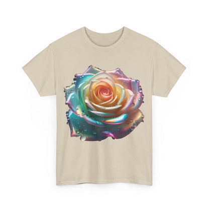 Ethereal Rose Unisex Cotton Tee - Front view displaying the artistic floral design featuring a vibrant rose with iridescent accents, embodying sophistication and comfort.