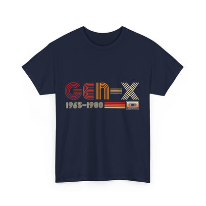 Gen X 1965 - 1980 Graphic T-Shirt in navy blue, elegantly crafted with retro typography and cassette tape motif, a luxurious addition to any wardrobe.