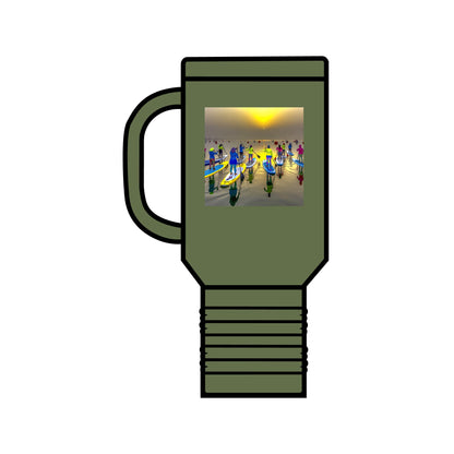 40oz Fantasy Paddleboarding Insulated Travel Mug in olive green, designed for adventurers with a charming paddleboarding graphic.