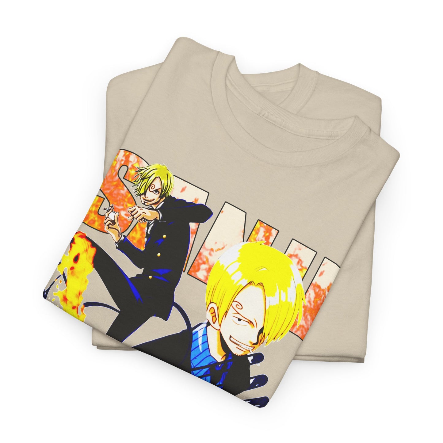 Luxury anime-inspired t-shirt featuring striking characters in vibrant colours, showcasing a dynamic kick pose and sleek blazer style, perfect for fashion-forward fans.