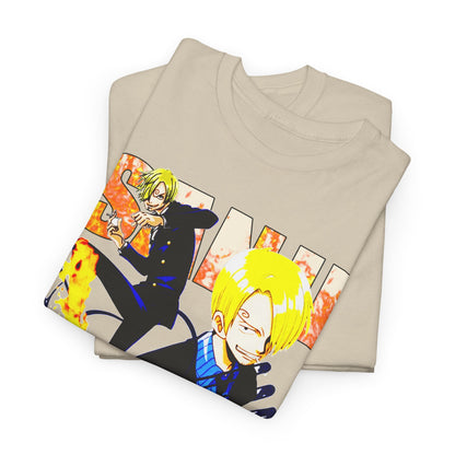 Luxury anime-inspired t-shirt featuring striking characters in vibrant colours, showcasing a dynamic kick pose and sleek blazer style, perfect for fashion-forward fans.
