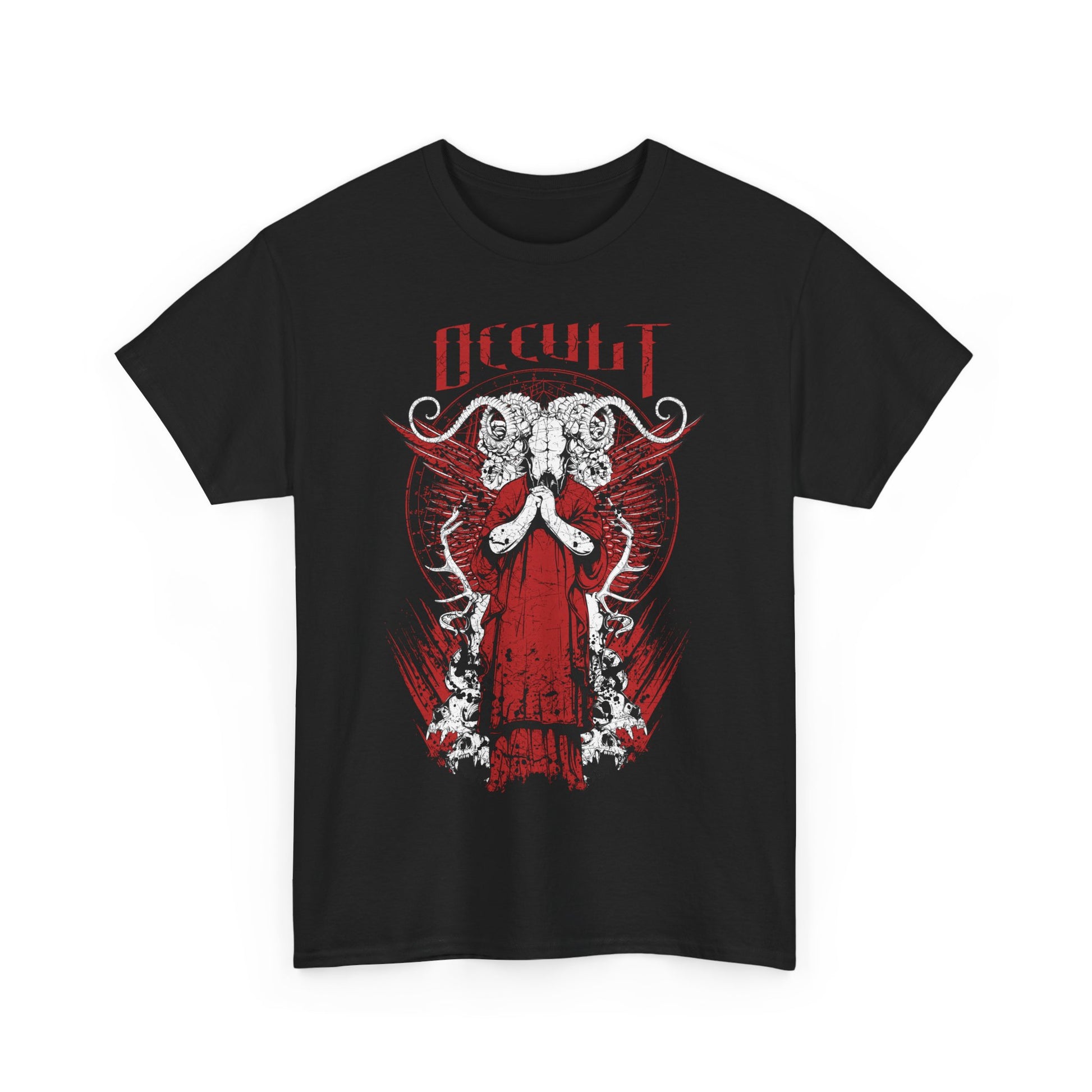 Front view of a luxury black graphic tee with an intricate occult design in red and white, embodying a dark, mystical aesthetic.