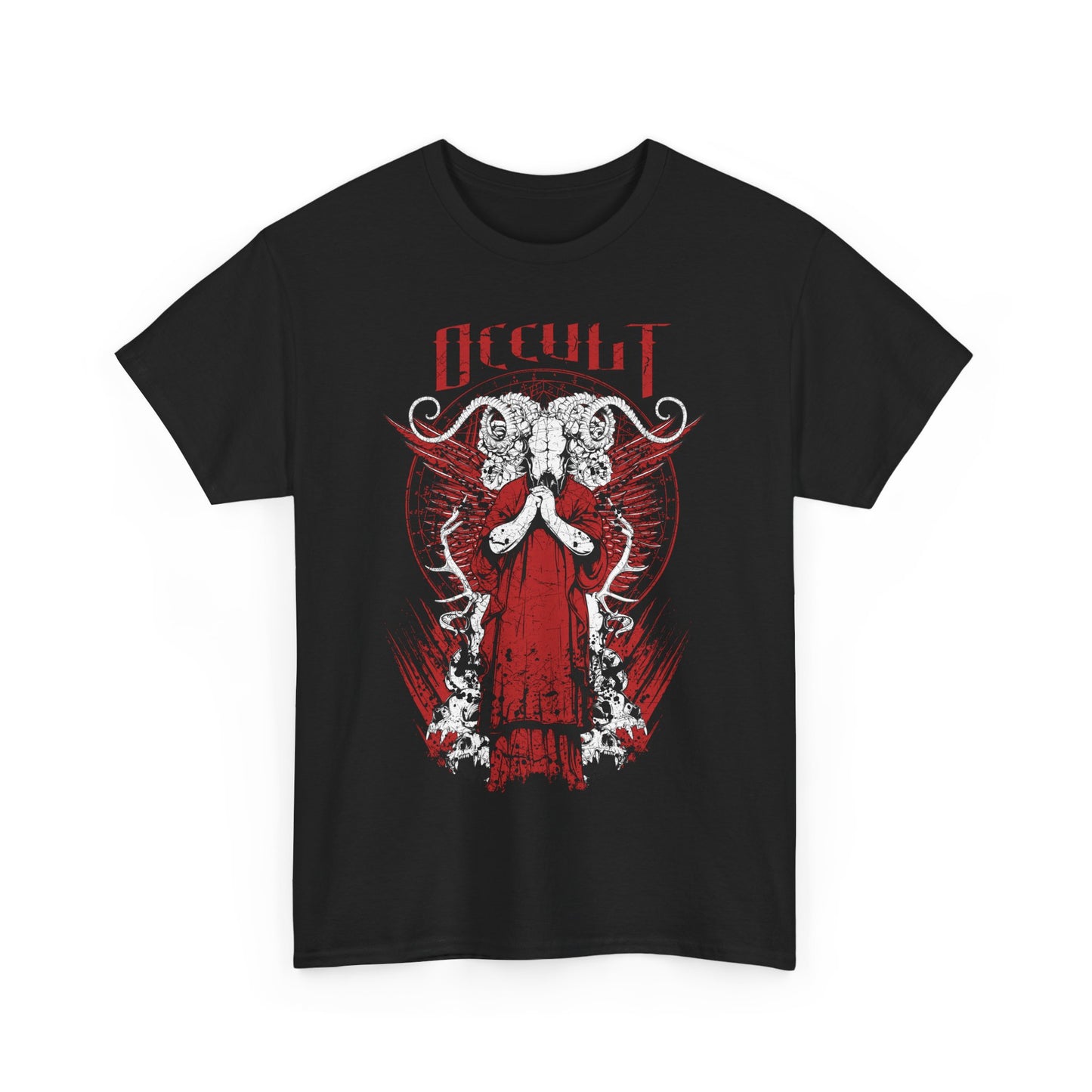 Front view of a luxurious black t-shirt embellished with a striking graphic of a mystical character, perfect for making a bold fashion statement.