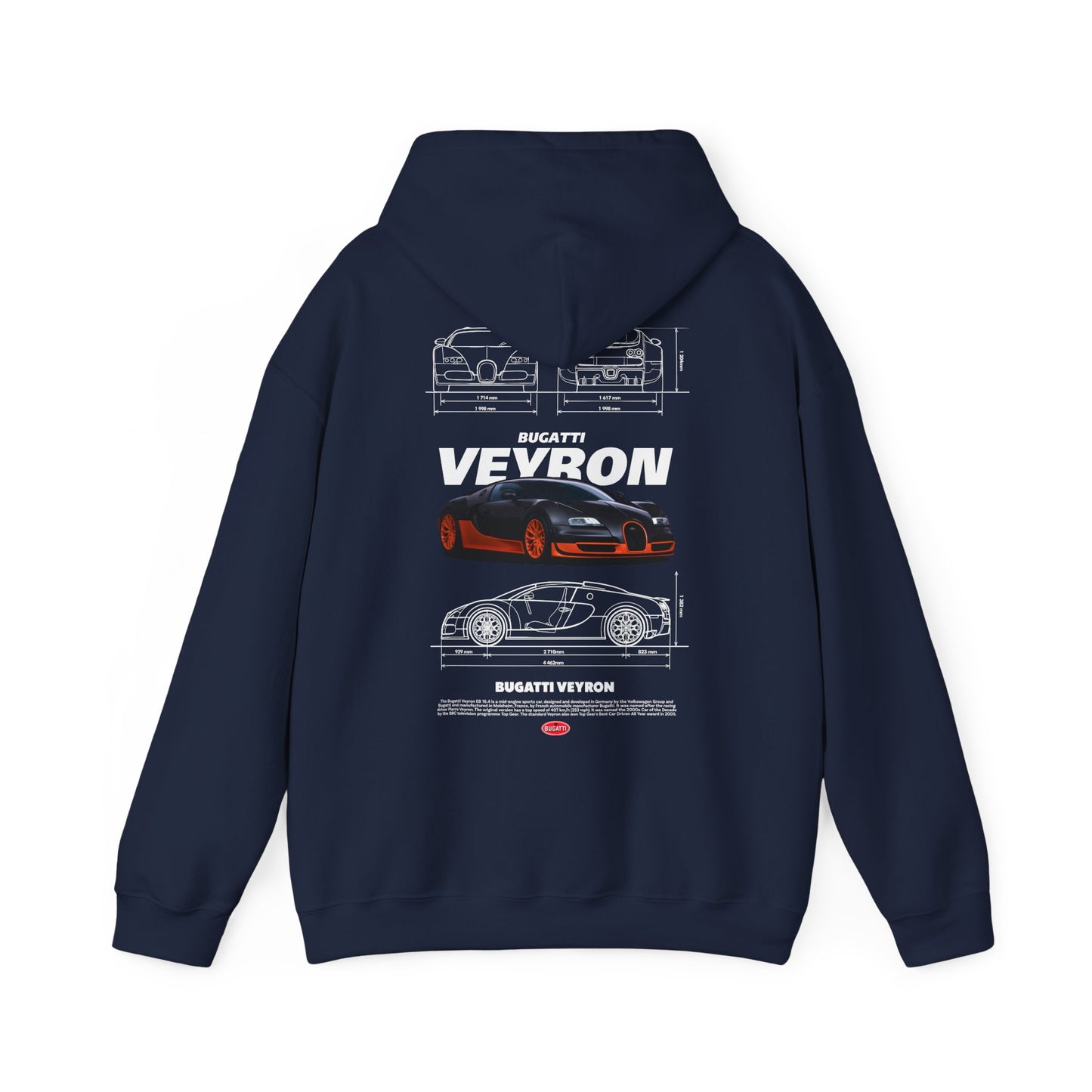 Navy blue Bugatti Veyron hoodie featuring a chic design on the back that includes vivid car illustrations and branding, perfect for luxury apparel.