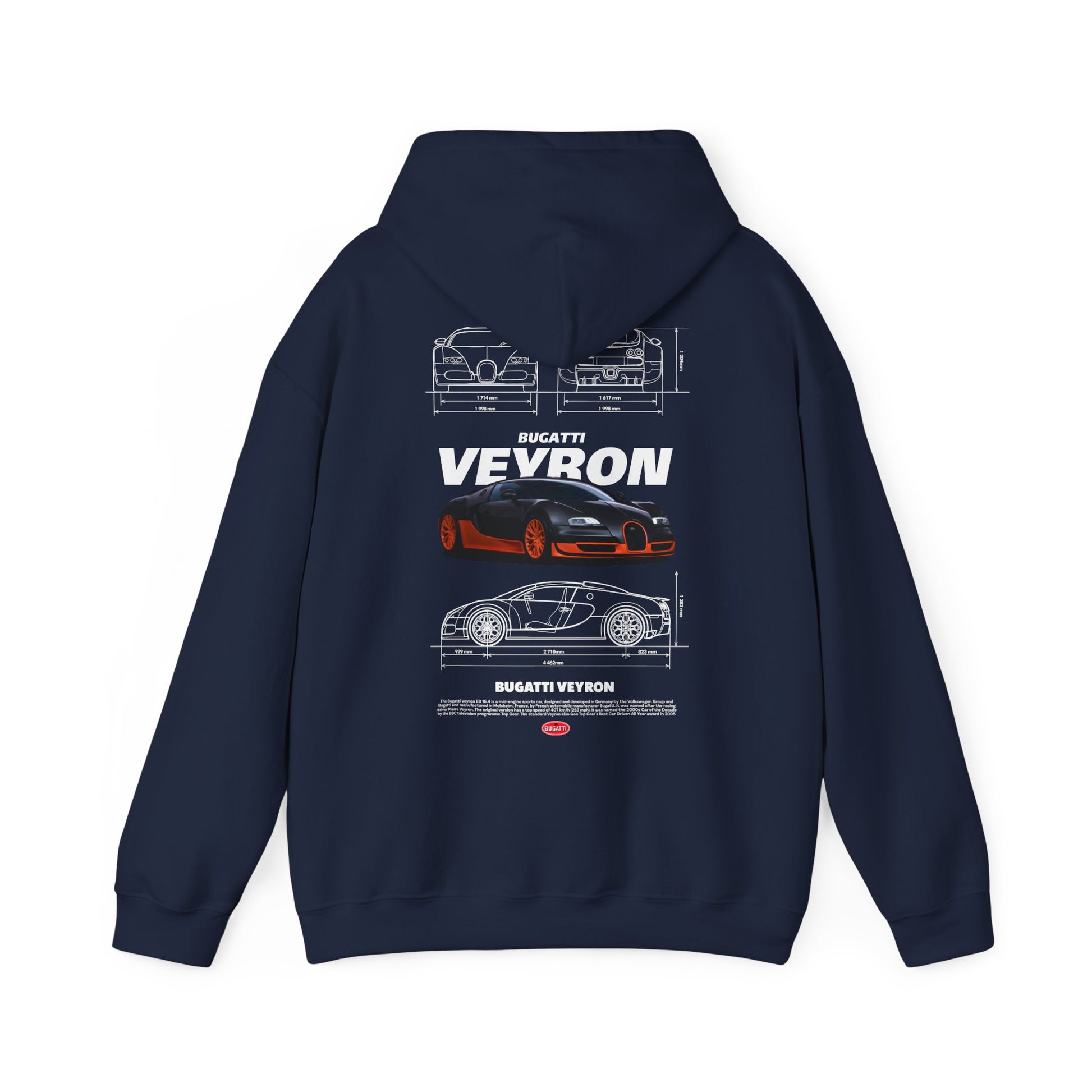 Navy blue Bugatti Veyron hoodie featuring a chic design on the back that includes vivid car illustrations and branding, perfect for luxury apparel.