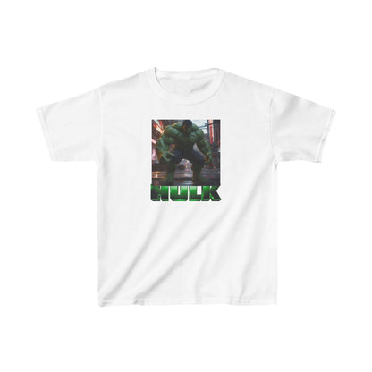 Kids Heavy Cotton Incredible Hulk T-Shirt - White variant with vibrant Hulk design, showcasing durability and style in a lightweight fabric ideal for young superheroes.