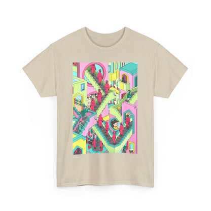 Elevate your fashion with this luxurious Squid Game-inspired graphic t-shirt, featuring a vibrant illustration of characters navigating a maze of vivid colours and forms.