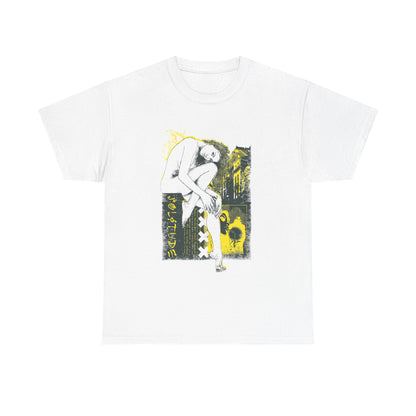Luxurious white men's t-shirt featuring an artistic graphic print of a stylized female figure in a crouched pose, surrounded by urban textures in shades of grey and vibrant yellow, symbolising introspection and emotional depth, ideal for modern fashion enthusiasts.