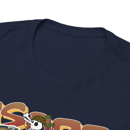 Close-up view of a premium navy blue anime-inspired t-shirt, showcasing vibrant graphics featuring bold designs and intricate cartoon character details, perfect for anime enthusiasts.