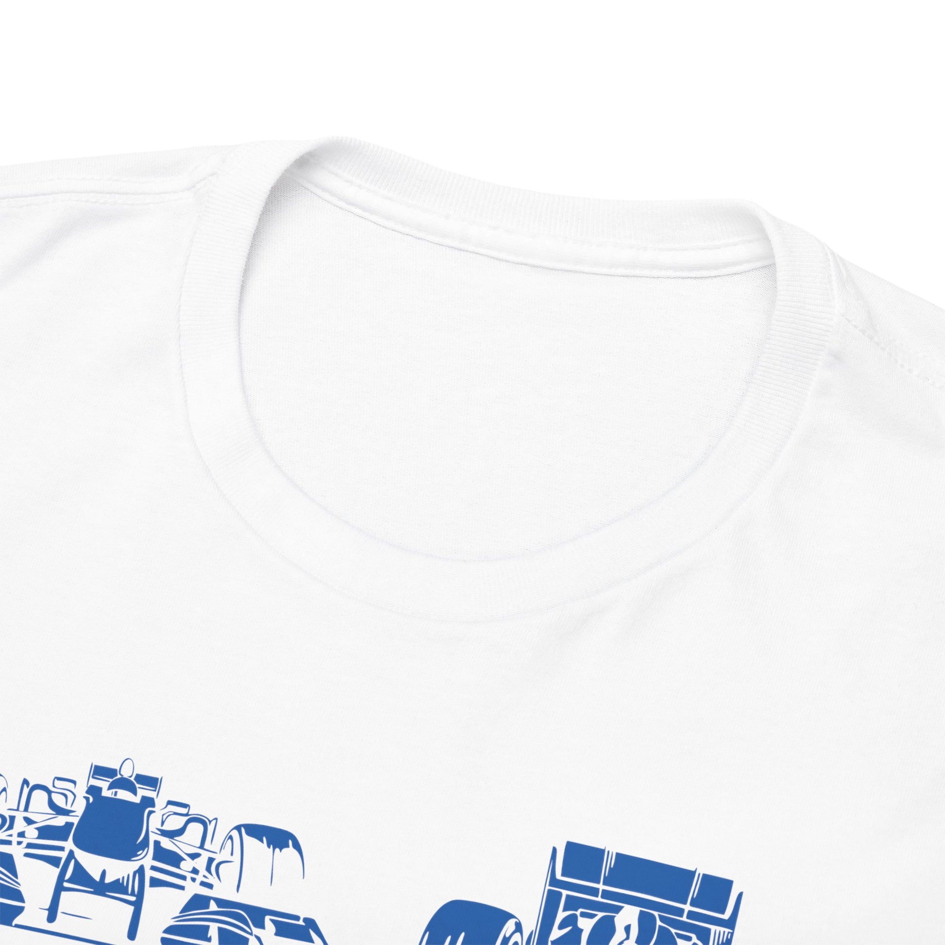 Close-up view of the neckline of a luxurious Alpine F1 Team men's T-shirt, featuring a crisp white fabric and blue graphic designs, showcasing quality craftsmanship.