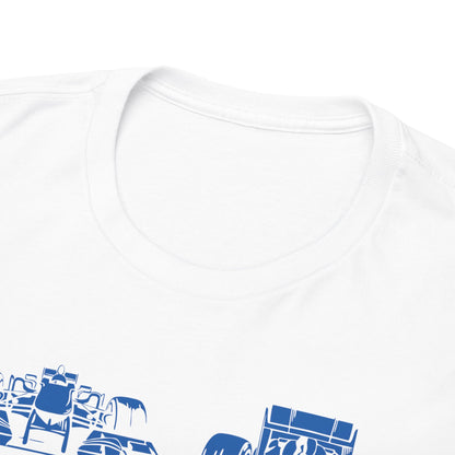 Close-up view of the neckline of a luxurious Alpine F1 Team men's T-shirt, featuring a crisp white fabric and blue graphic designs, showcasing quality craftsmanship.