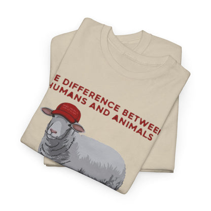 Stylish folded T-shirts showcasing a cartoon sheep in a red cap, emblazoned with 'THE DIFFERENCE BETWEEN HUMANS AND ANIMALS', ideal for a playful yet sophisticated wardrobe.