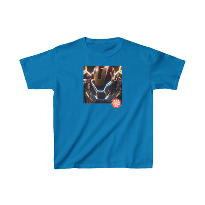 Kids Iron Man Heavy Cotton T-Shirt with Hulk Print in vibrant turquoise, highlighting a stunning Iron Man graphic and logo, perfect for fashionable little heroes.