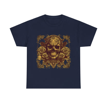 Alternative colour option of the Skulls and Roses Cotton Tee in navy, featuring a captivating skull and roses graphic design.