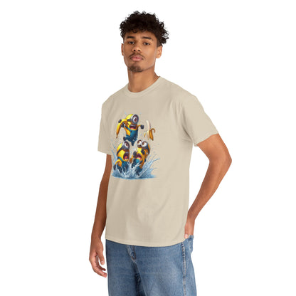 Model wearing the Mens Funny T-Shirt: Minions Banana Splash, highlighting the vibrant Minion graphic while enjoying a casual day out. T Shirt, Funny, Minions.