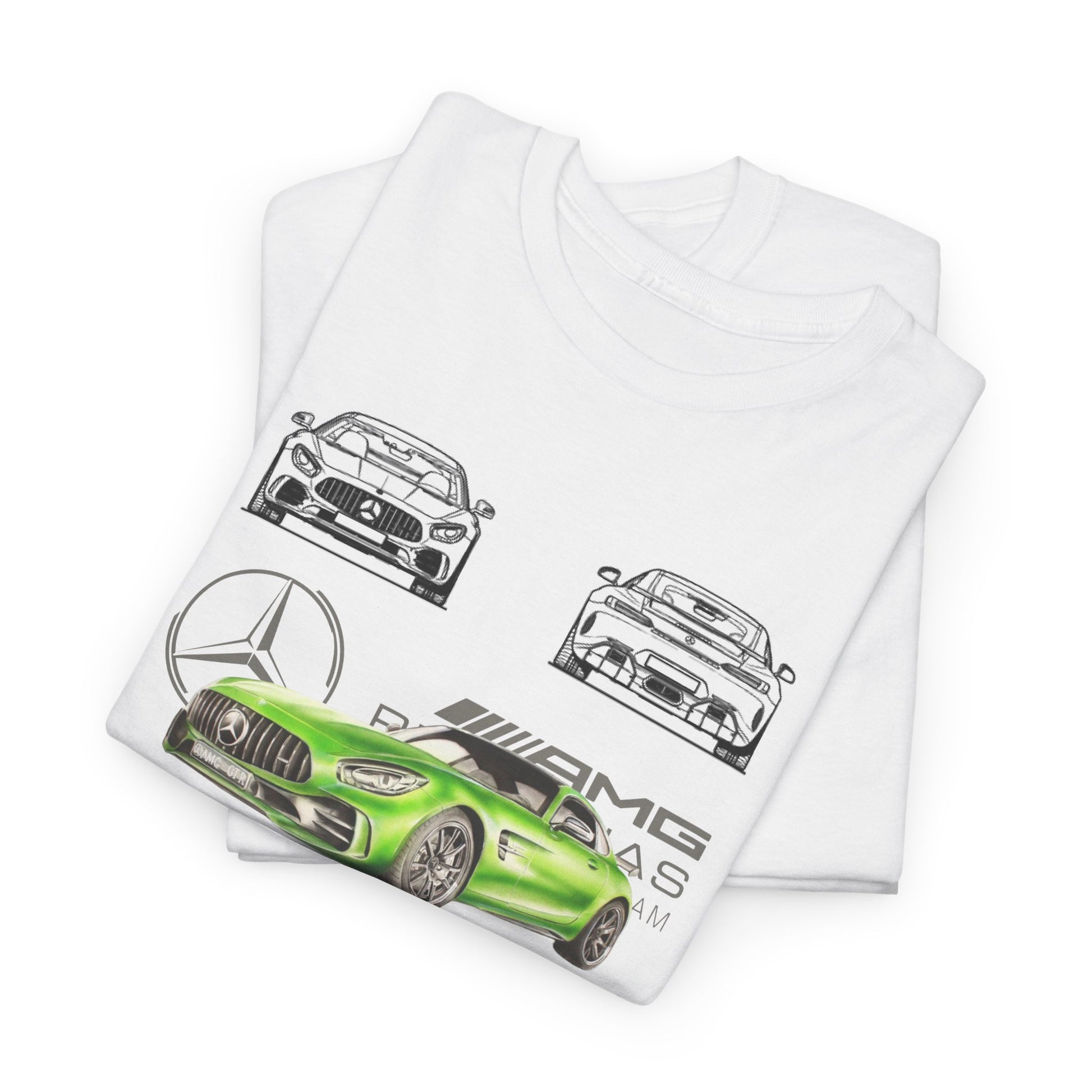 Folded white T-shirts displaying a striking green Mercedes-AMG GT-R graphic paired with elegant line drawings of the car's profile.