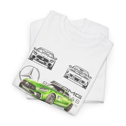 Folded white T-shirts displaying a striking green Mercedes-AMG GT-R graphic paired with elegant line drawings of the car's profile.