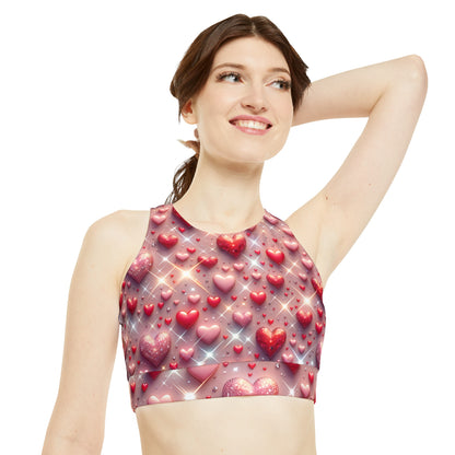 Model wearing the Glittering Hearts High Neck Crop Bikini Top from Dazzling Dreams Studio, highlighting its elegant high neck design and flattering fit for women.