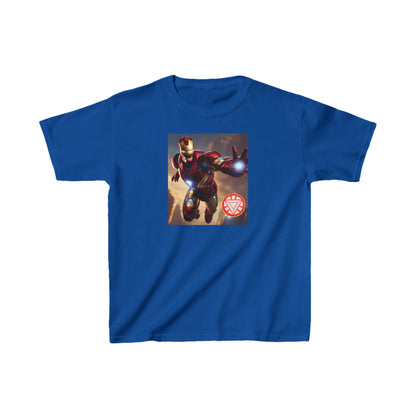 Kids Iron Man Heavy Duty T-Shirt in bold blue showcasing a captivating Hulk design alongside the distinctive Iron Man logo, a luxurious choice for children.