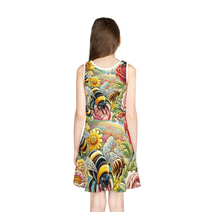 Little girl wearing the Sophia Childress Girls Summer Sundress from Dazzling Dreams Studio, showcasing its vibrant design during an outdoor summer event.