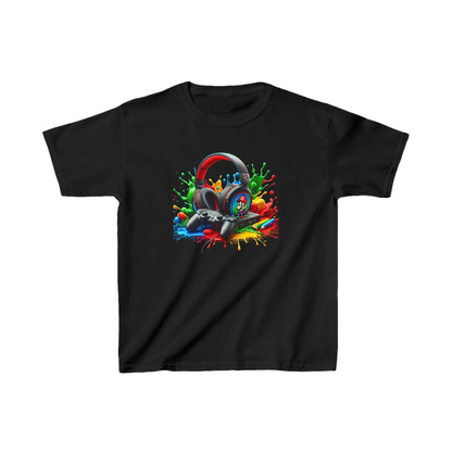 Unisex Children's Gaming Graphic Cotton Tee in Black - Vibrant gaming headset and controller design, showcasing ultimate comfort and style.