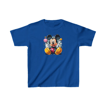 Child's Mickey Mouse Unisex Graphic Tee Shirt Kids in rich blue, showcasing a whimsical illustration of Mickey Mouse with vibrant colours and cheerful expressions.