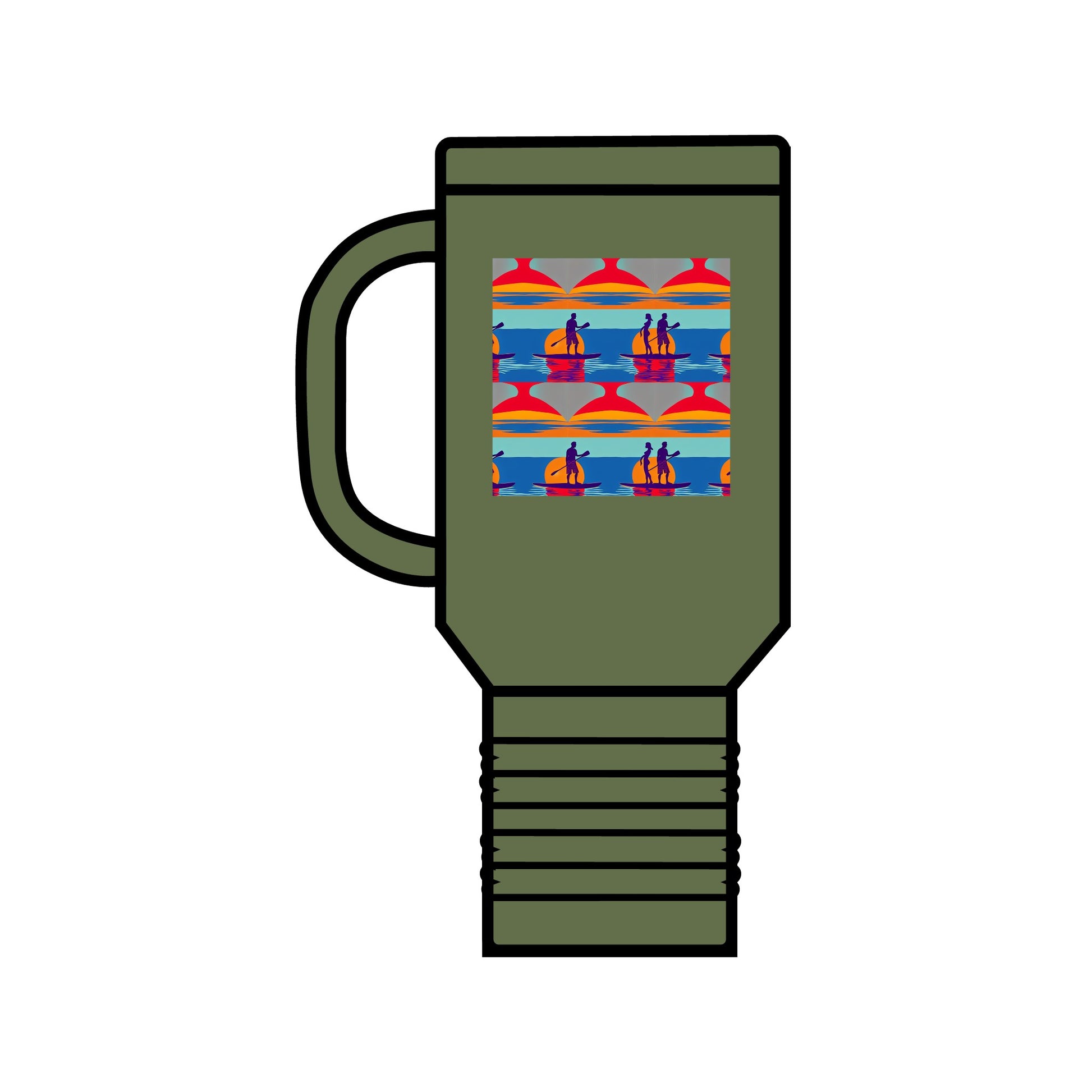 Fantasy Paddleboarding 40oz Insulated Travel Mug in olive green, featuring a whimsical paddleboarding design, perfect for those who love luxury and functionality in outdoor gear.