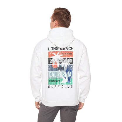 Stylish model showcasing the back of a white hoodie featuring iconic San Francisco surf design, perfect for embracing California lifestyle.