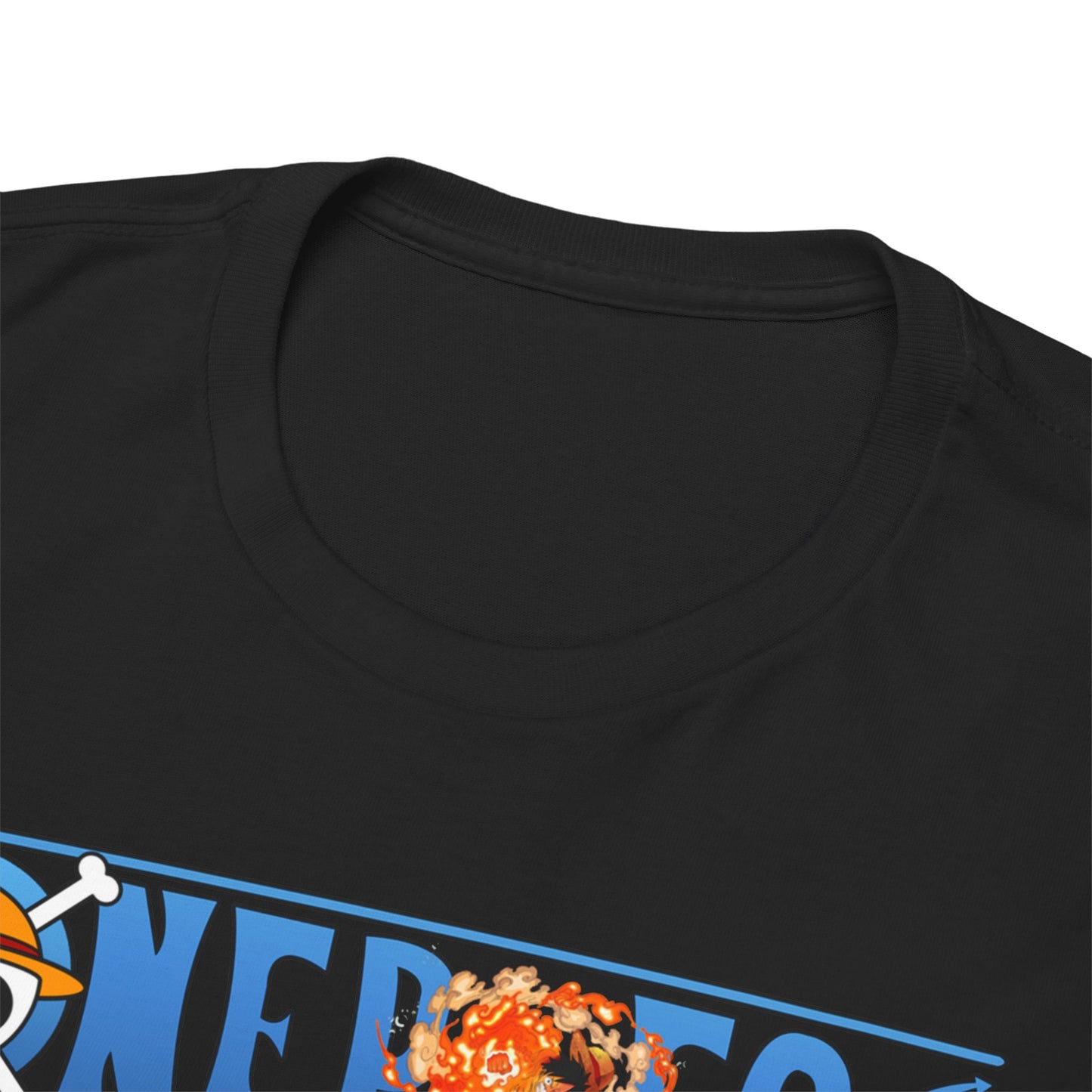 Close-up view of the collar of a Monkey D. Luffy t-shirt, emphasizing its quality craftsmanship and luxurious fabric finish.