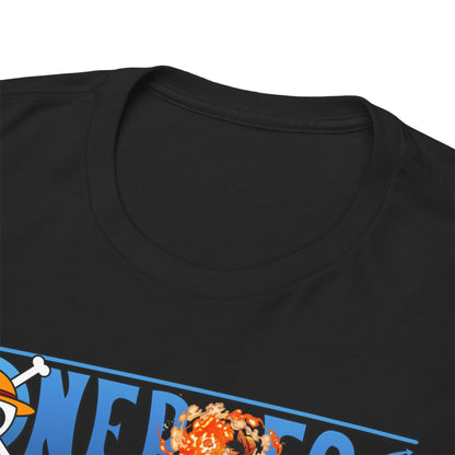 Close-up view of the collar of a Monkey D. Luffy t-shirt, emphasizing its quality craftsmanship and luxurious fabric finish.