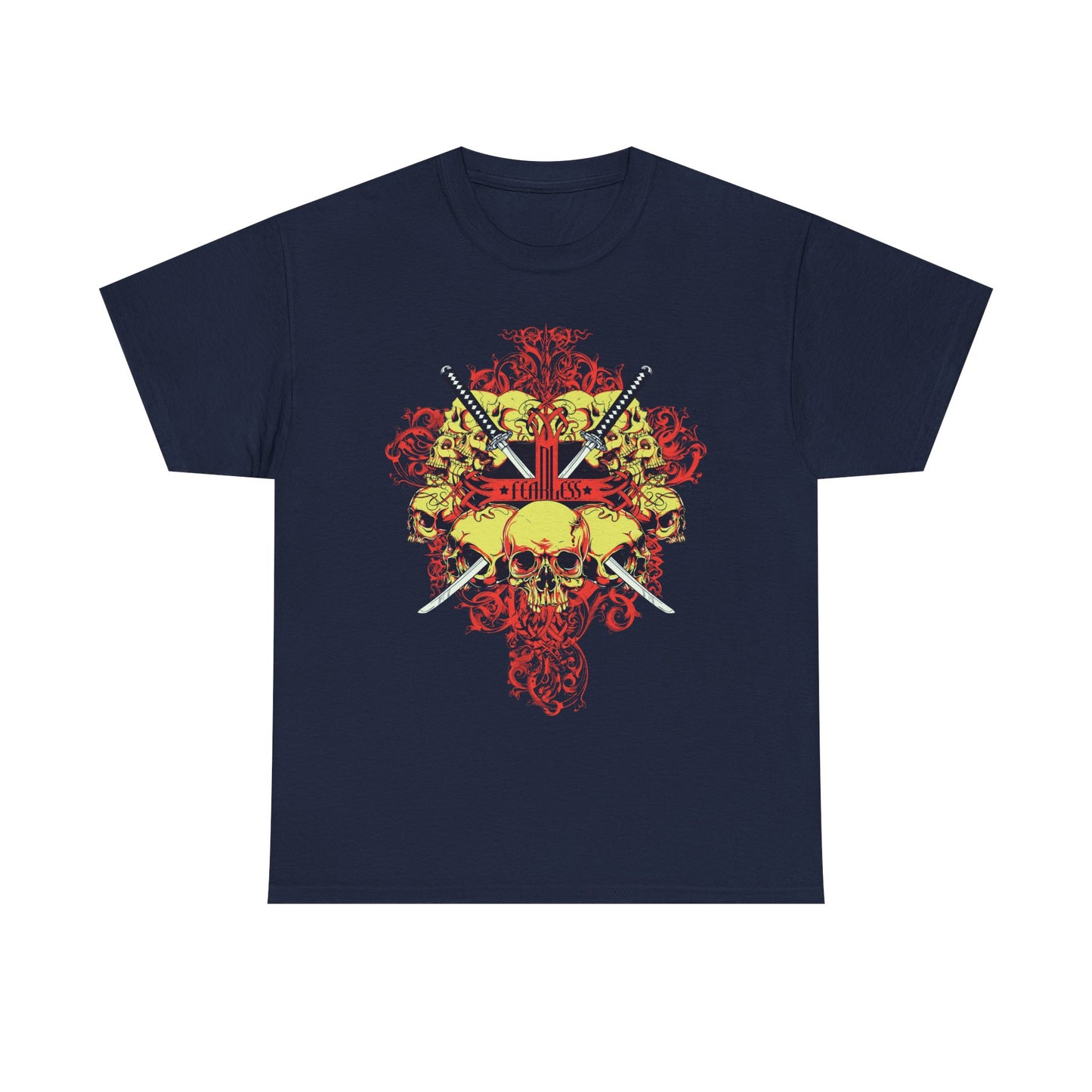 Chic Fearless Samurai Swords Graphic Tee for Men in deep navy, highlighting an exquisite skull artwork and samurai swords, perfect for elevating any casual ensemble.