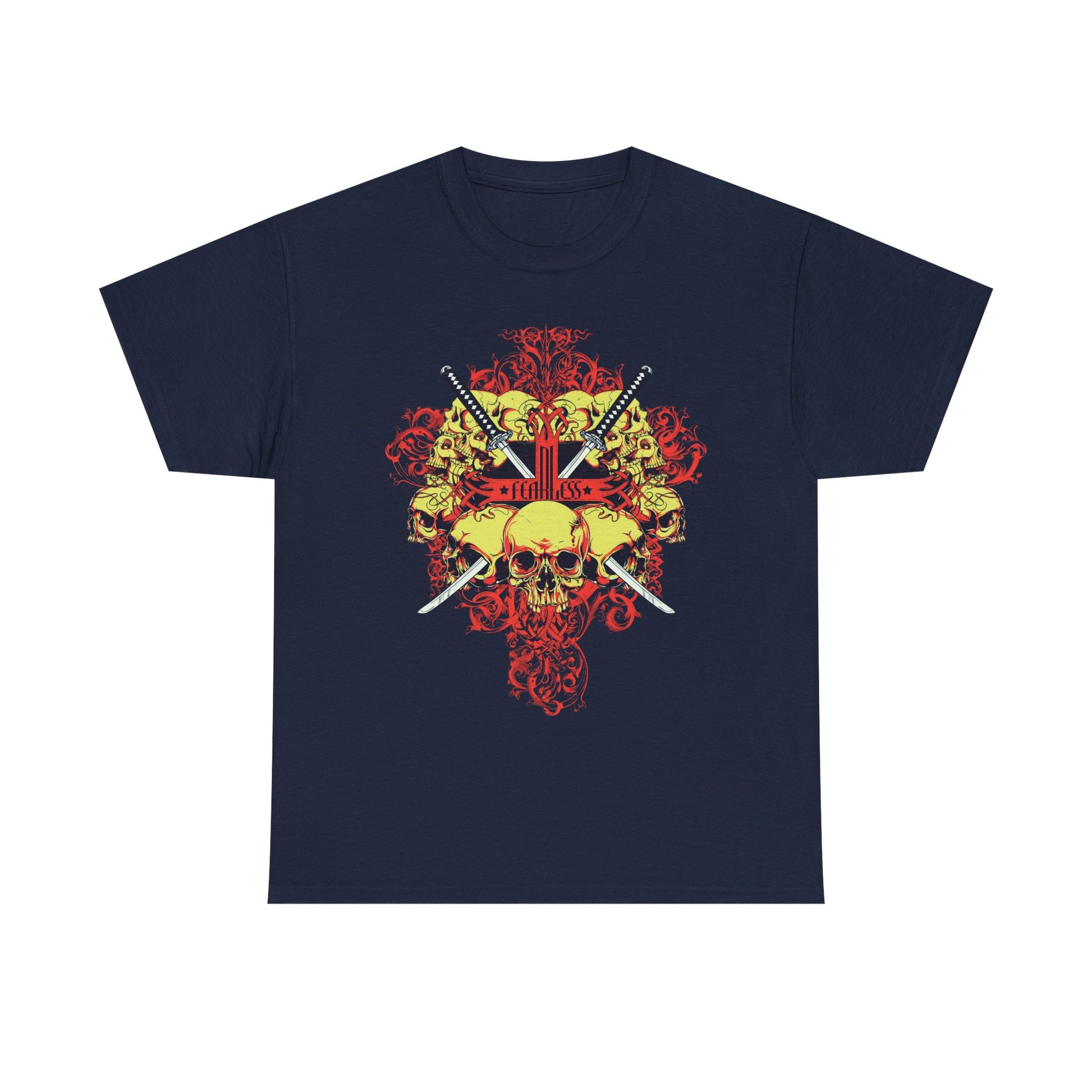 Chic Fearless Samurai Swords Graphic Tee for Men in deep navy, highlighting an exquisite skull artwork and samurai swords, perfect for elevating any casual ensemble.