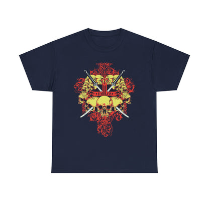 Fearless Samurai Swords graphic tee for men in navy blue, designed with a captivating skull and swords motif, reflecting a blend of luxury and rebellious style.