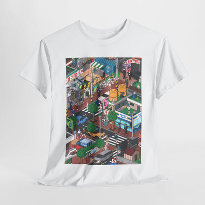 Luxury unisex graphic cotton tee featuring intricate urban scene inspired by cultural themes, perfect for stylish streetwear enthusiasts.