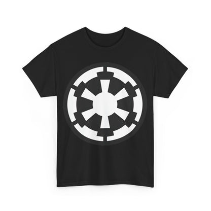 Front view of the unisex Galactic Empire Star Wars Retro Logo Graphic Tee, prominently featuring the striking Galactic Empire logo in black and white against a black background.