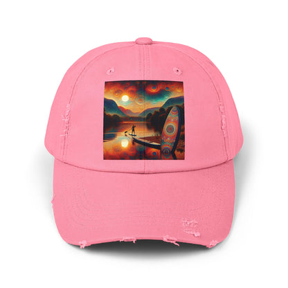Unisex Distressed Paddleboarders Cap in pink, featuring an eye-catching paddleboarding design, perfect for stylish sun protection for paddleboard enthusiasts.