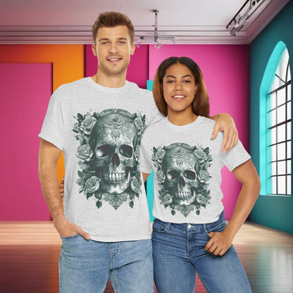 Skulls and Roses Cotton Tee, Unisex Graphic Shirt - Chic couple wearing the premium cotton shirt with detailed skull and rose graphics, offering a contemporary edge to everyday wear.