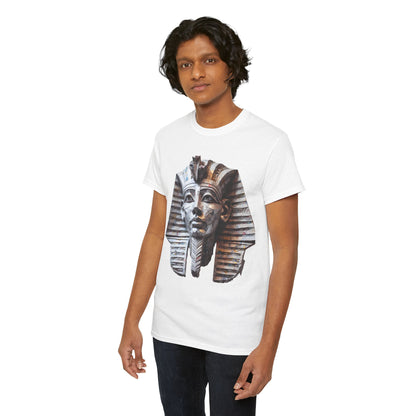 Pharaoh’s Gaze Unisex Graphic Tee - Luxurious Cotton T-Shirt featuring a detailed Egyptian pharaoh sculpture design, worn by a model, suitable for art and history enthusiasts.