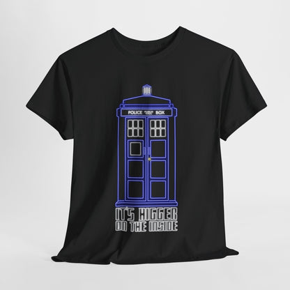 Elegant black graphic T-shirt featuring the iconic TARDIS from Doctor Who, highlighted with neon blue outlines, and the text 'It's bigger on the inside'. Perfect for fans seeking urban chic style.