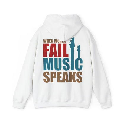 Luxury back print hoodie in white featuring the bold phrase 'WHEN WORDS FAIL MUSIC SPEAKS' and elegant guitar neck silhouettes, designed for music lovers.