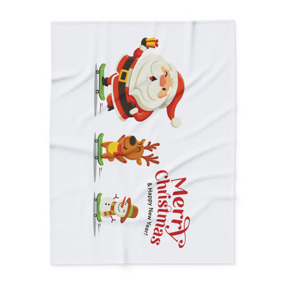 Luxurious Decorative and Warm Christmas Arctic Fleece Blanket showcasing a whimsical winter scene with Santa, a reindeer, and a snowman, ideal for holiday celebrations.
