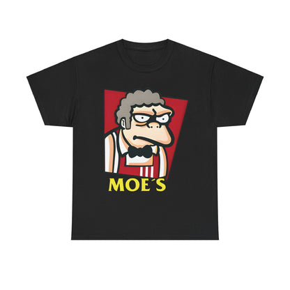 Elegant black t-shirt showcasing Moe from The Simpsons, designed with a KFC logo mashup, titled 'The Simpson's Moe's KFC Logo Mashup Graphic T Shirt Tee'.