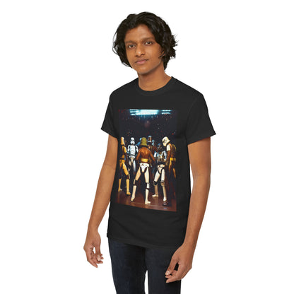 An elegant man in a black t-shirt showcasing a bold Star Wars Stormtrooper graphic. The design embodies a fusion of style and fandom, perfect for chic gatherings or casual outings.