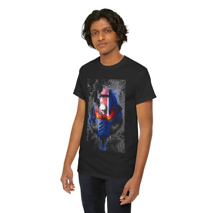 Luxury black unisex graphic t-shirt featuring a striking close-up of a futuristic helmet design, perfect for fans of eclectic streetwear and pop culture.