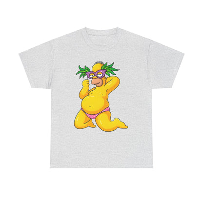 Luxury Homer Simpson Unisex Cotton Tee - Graphic T-Shirt showcasing playful caricature of Homer Simpson in a grey tone, wearing pink bikini bottoms and a purple mask adorned with palm-like green details.