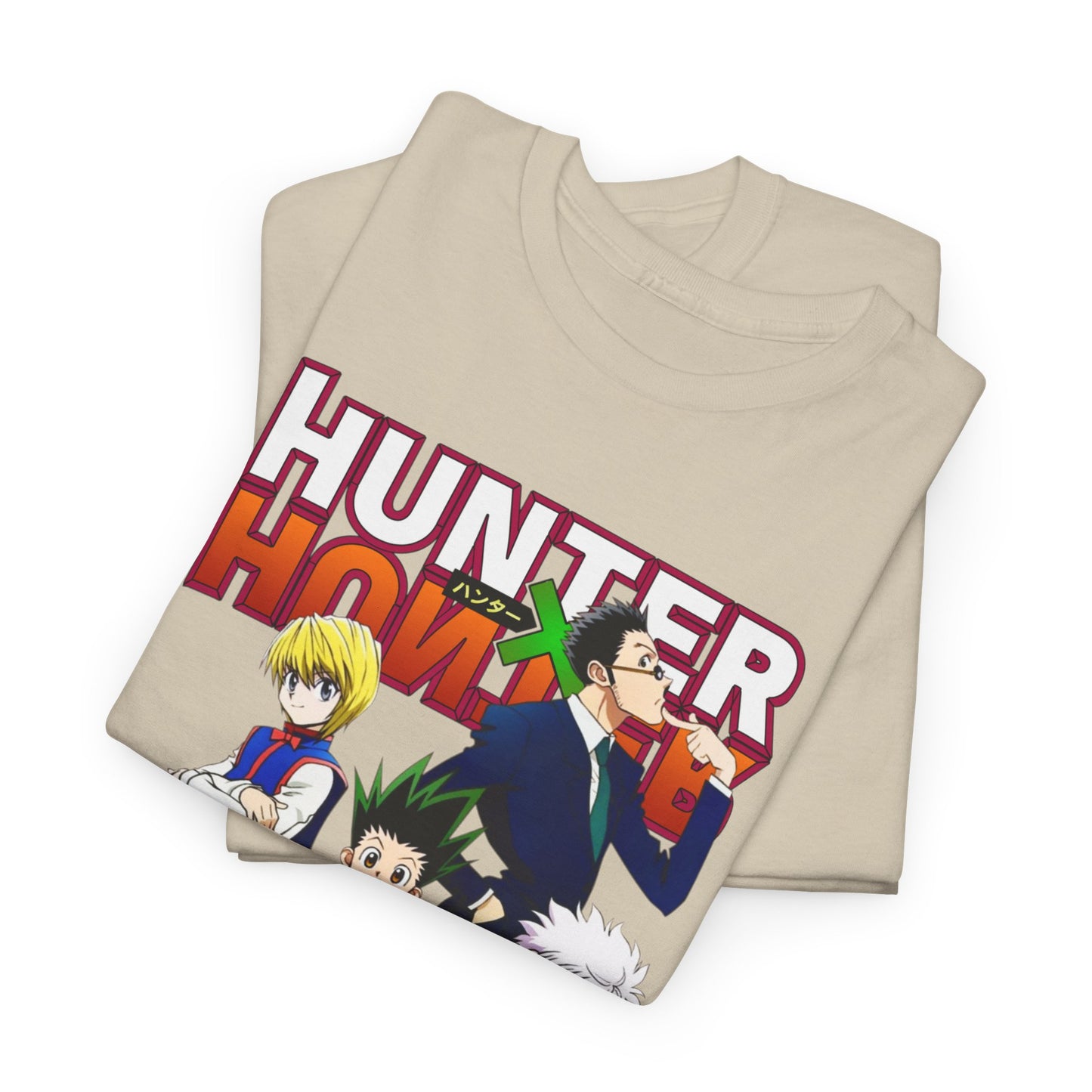 Folded Hunter x Hunter T-shirts showcasing vibrant character designs, emphasising premium quality and stylish aesthetics for devoted anime collectors.