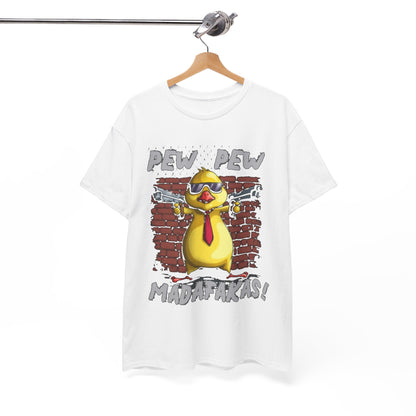 Exquisite hanging white t-shirt displaying a playful gangster chicken illustration, crafted for stylish and trendy outfits.