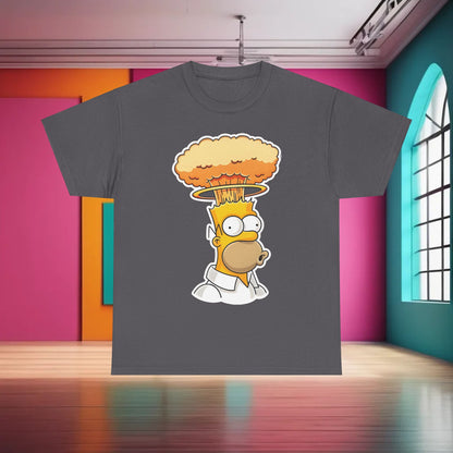 Homer Mind Blown Graphic T-Shirt Urban Unisex Cotton Tee on a contemporary grey background, showcasing the imaginative design of Homer Simpson with a whimsical mushroom cloud.